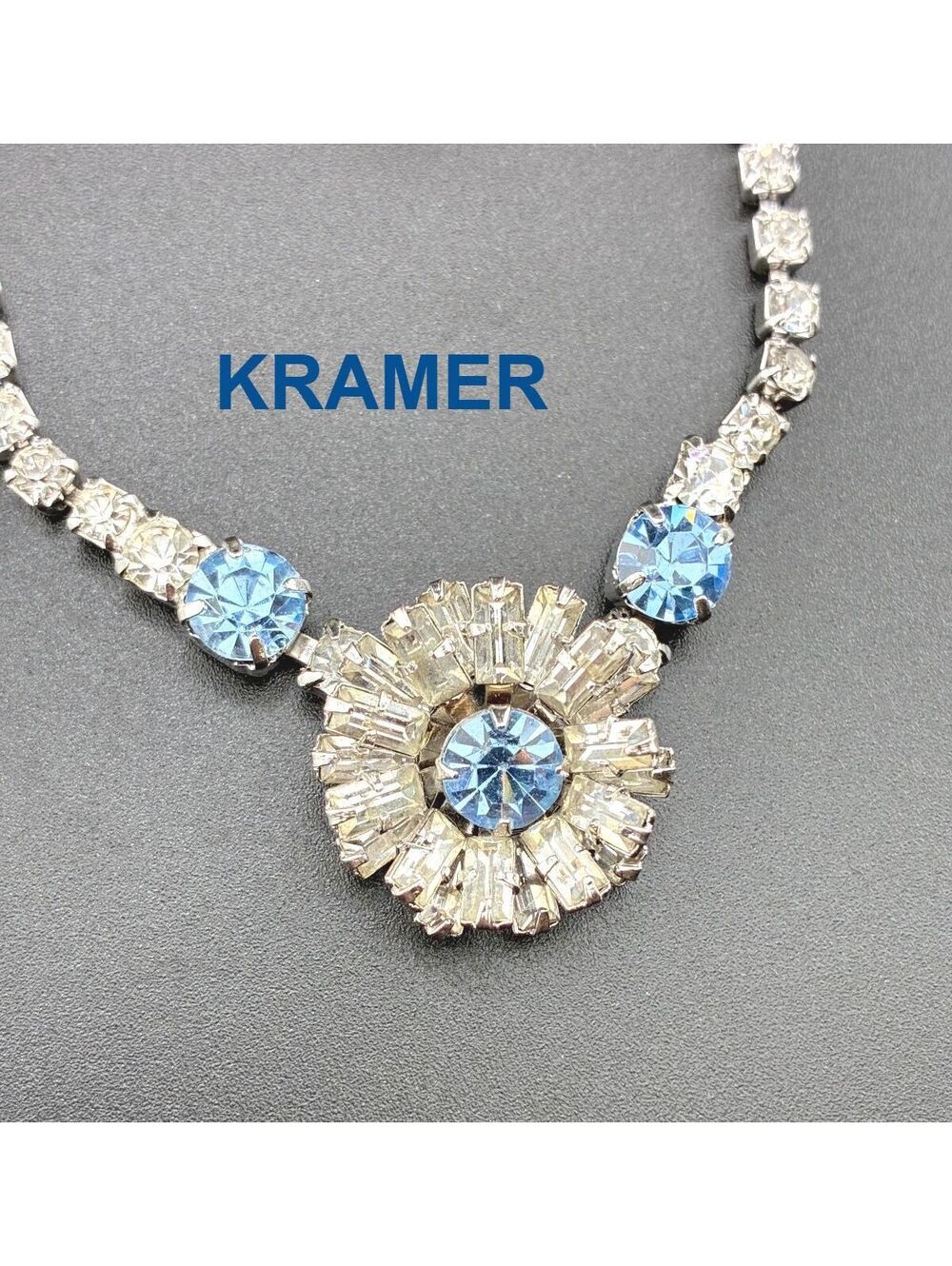 Vintage Kramer Blue and Clear Rhinestone Choker Necklace 14" 3D Flower 1950s
